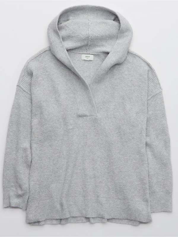Aerie CozyUp Waffle Sweater Hoodie Gray Medium - Image 2