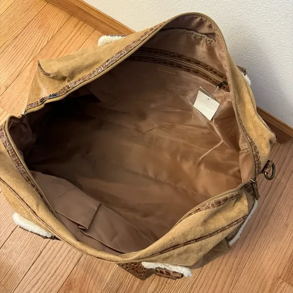 Bath Body Works Suede Faux Leather Croc Travel Duffle Bag Carry On Brown Tan 20" - Image 6