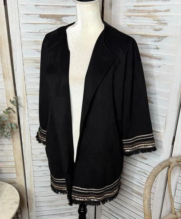 ZARA Women's L Combination Faux Suede Embroidered Jacket Boho Western Black - Image 6
