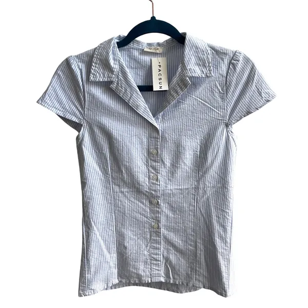 John Galt Button Up Shirt Womens One Size Blue White Striped Seersucker Preppy - Image 4