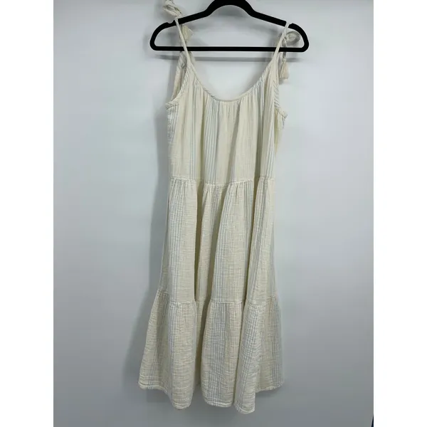 Time and Tru Womens Ivory Stripes Tiered Midi Dress Tie Tassel Strap NEW Large - Image 2