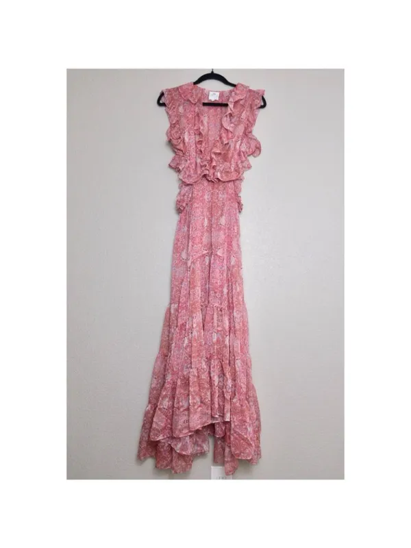 MISA Nastasha Maxi Dress L Ruffle Side Cut Out Floral Tiered Sleeveless Sheer - Image 4