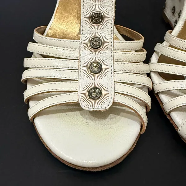 ESCADA Ivory White Leather Crystal Studded T-Strap Wedge Sandals Size 37 1/2 - Image 16
