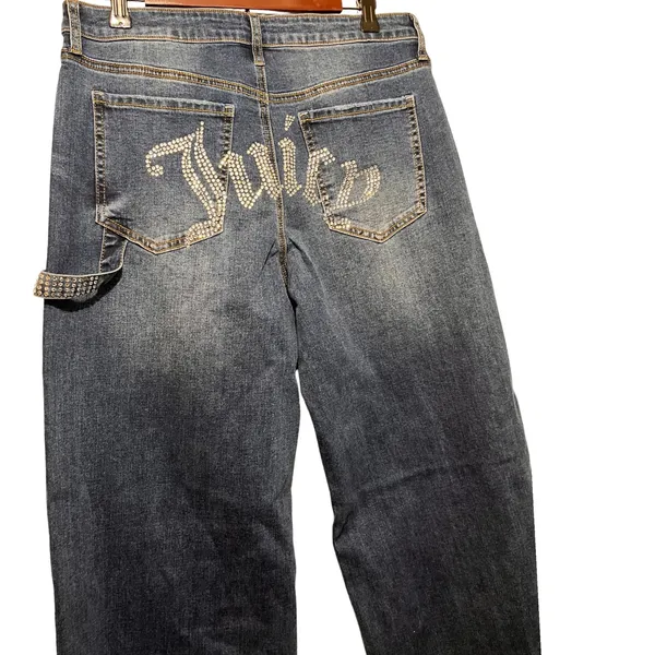 Juicy Couture Rhinestone Carpenter Jeans Wide Leg‎ Dark Wash Denim Size 9/29 NWT - Image 3