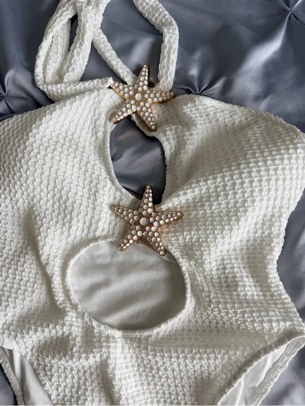 Textured White One-Piece Swimsuit with Starfish Accents - Image 2