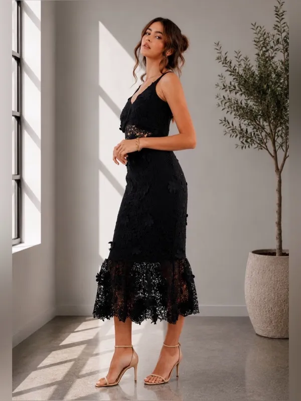 Just Me Women'S Sleeveless V-Neck Floral Crochet Bodycon Maxi Dress - Image 3