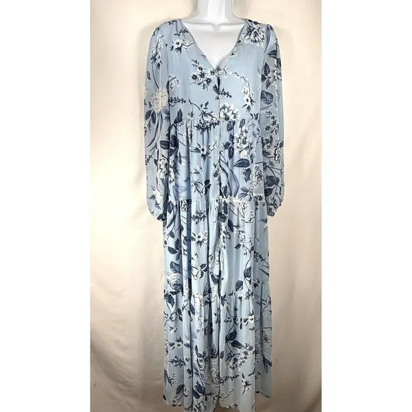 Sugar Lips Maxi‎ Dress Womens Size S Pale Blue Floral Tiered Long Sleeve Cottage - Image 2
