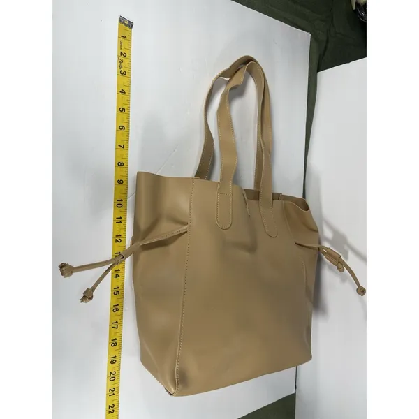 Beige Matte Tote Bag Drawstring Closure Double Handles Solid Medium Casual - Image 5