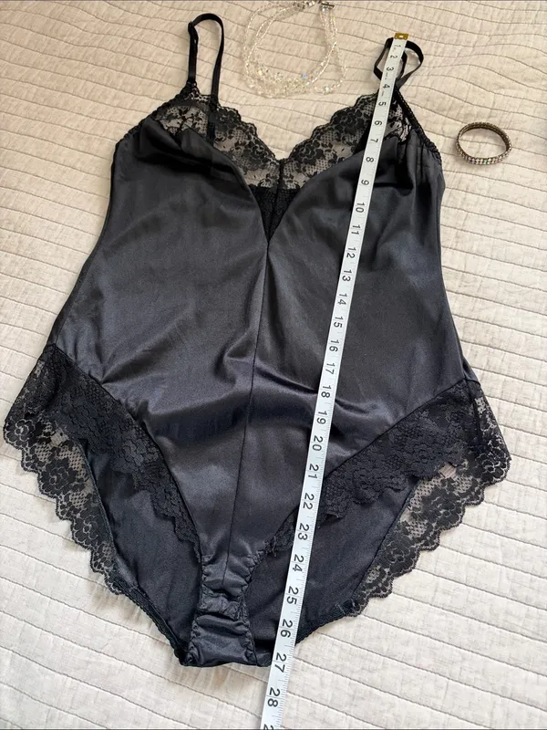 Bestform Vtg 80’s 36 black lace trim nylon lingerie bodysuit whimsy goth - Image 5