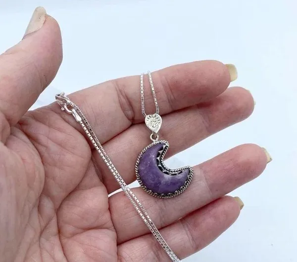 Crescent Moon Purple Lepidolite Worry Stone Solid Sterling Silver Necklace - Image 5
