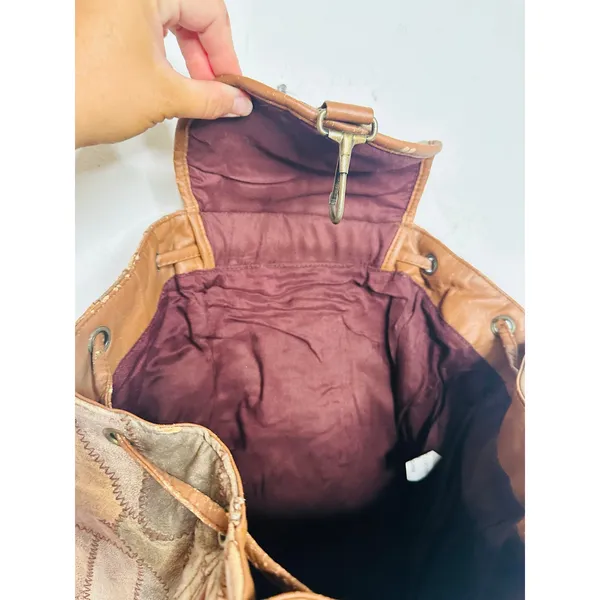 Vintage 1980s/90s Brown Leather Patchwork Clip Front Drawstring Backpack Bag - Image 16