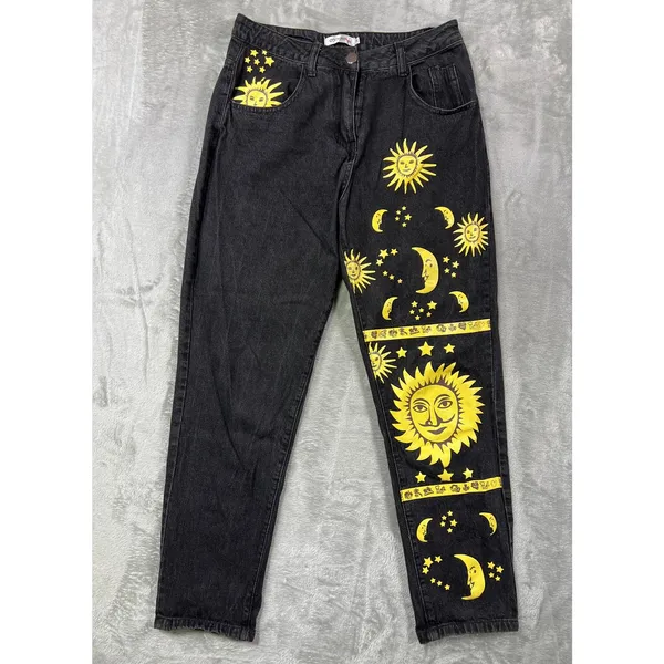 Womens M Graphic Yellow Sun Moon Stars Denim Black Straight Jeans Boho - Image 2