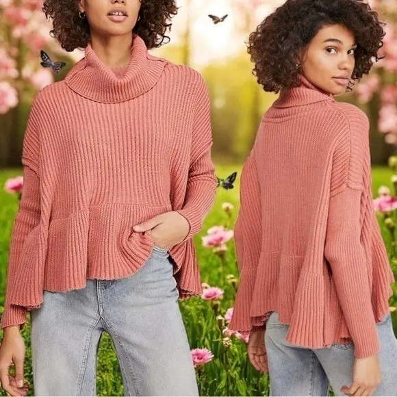 Free People Knit Cozy Pink Turtleneck Sweater Ruffle Cottagecore Feminine S - Image 2