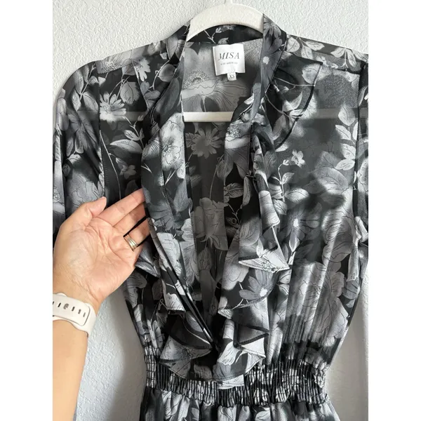 MISA Los Angeles Agnese Ruffle Tiered Midi Dress Chiffon Black Floral Boho XS - Image 9