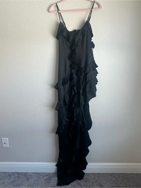 Elliatt Black Kyla Satin Ruffled Asymmetric Maxi Dress - Image 2