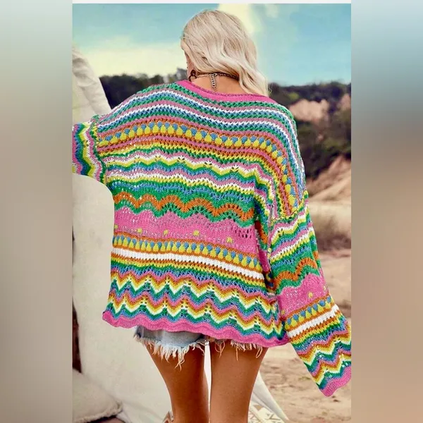 Ecosunny Women's Sweaters Long Sleeve Crew Neck Color Block Striped Hollow - Image 2