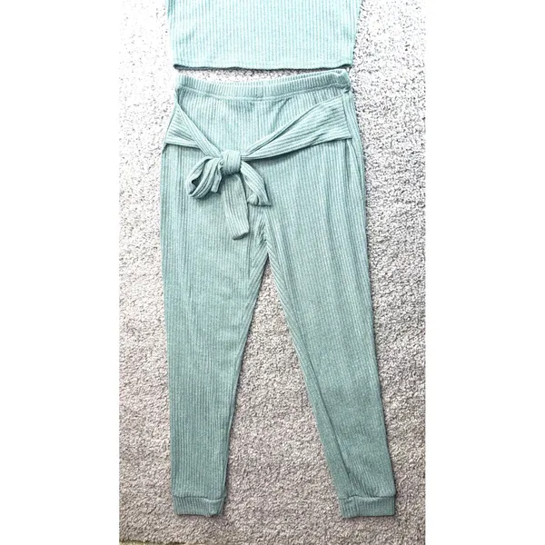Sage Green Ribbed Knit 2 Piece Set Crop Top and Tie Waist Joggers XL - Image 2