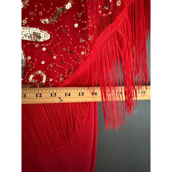 Vintage Red Fringe Sequin High Low Gown Gold Beaded Formal Dress Performance - Image 5