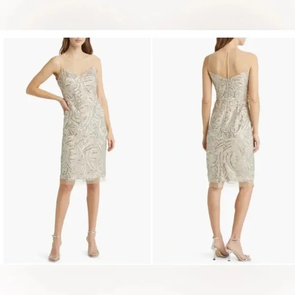 Vince Camuto Illusion Lace Yoke Sleeveless Champagne Sequin Sheath Dress Size 6 - Image 2