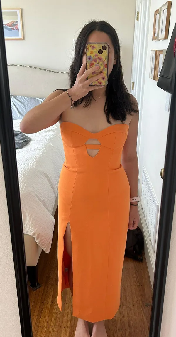 Bardot Orange Strapless Midi Dress - Image 4