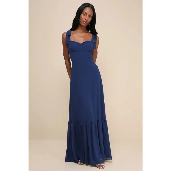 NWOT Lulus Truly Gorgeous Dark Blue Ruffled Bustier Tie-Strap Maxi Dress Size XL - Image 2