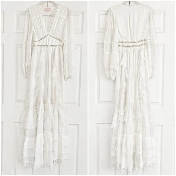 Rococo Sand Mia‎ Long-Sleeve Ruffled Maxi Dress White Lace V-Neck Boho Resort XS - Image 6