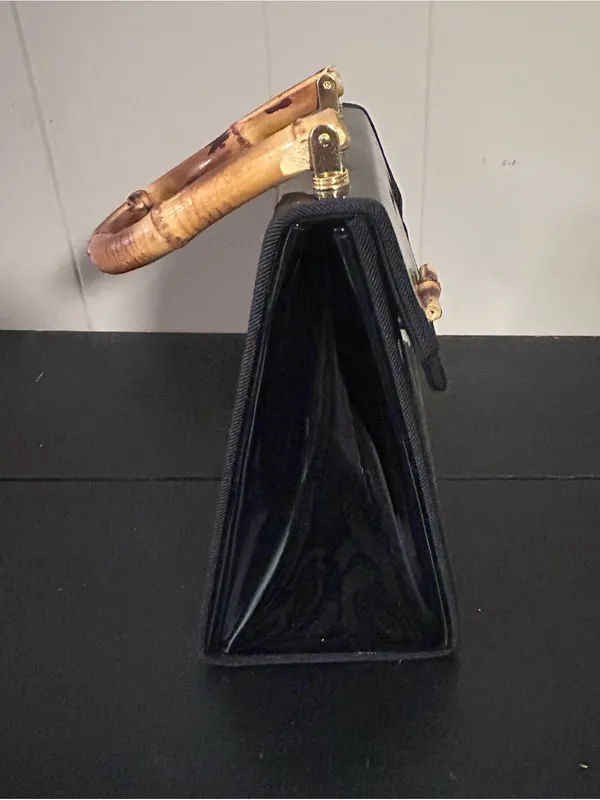 Black Patent Top-Handle Bag with Bamboo Accent - Image 6