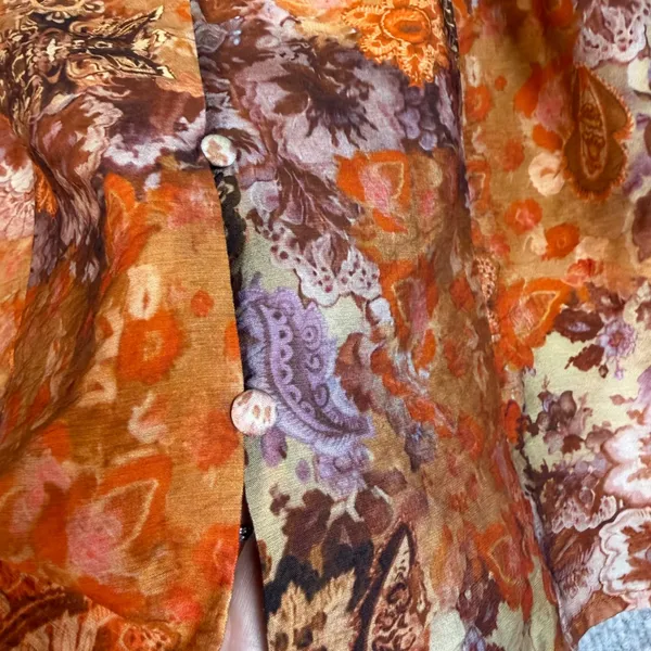 Desigual Womens-XL Paisley Ruffle Tie Neck Long Sleeve Blouse Orange Brown Boho - Image 7