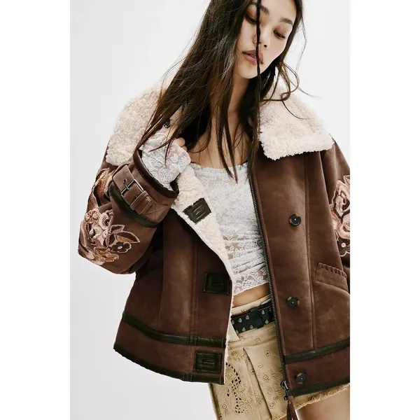 Free People Andies Vegan Moto Jacket Embroidered Floral Brown Bear Small NWT‎ - Image 14