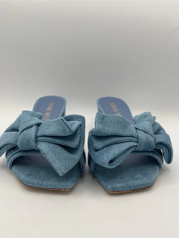 STUART WEITZMAN Love Knot Denim Wash Bow Slide Sandals 50 Block Heel Size 7 - Image 2