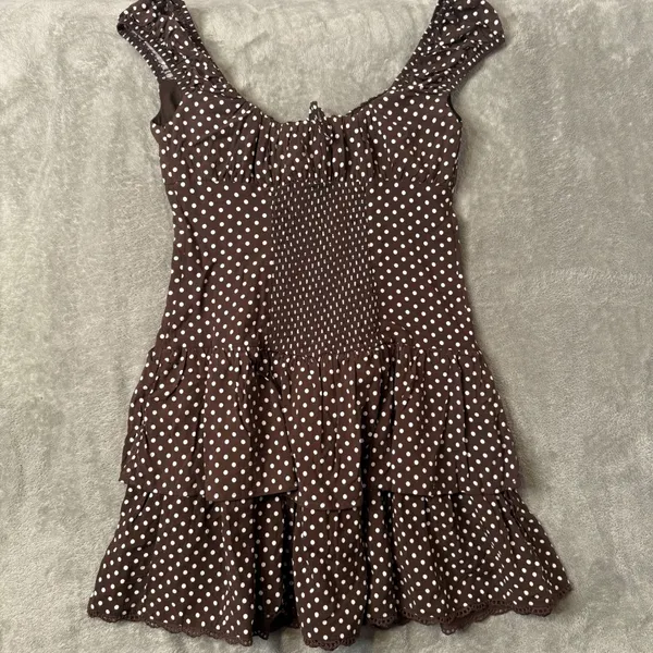 Wild Fable Polka Dot Mini Dress XXS Milkmaid Brown Tiered Ruffle Smocked Lace - Image 2