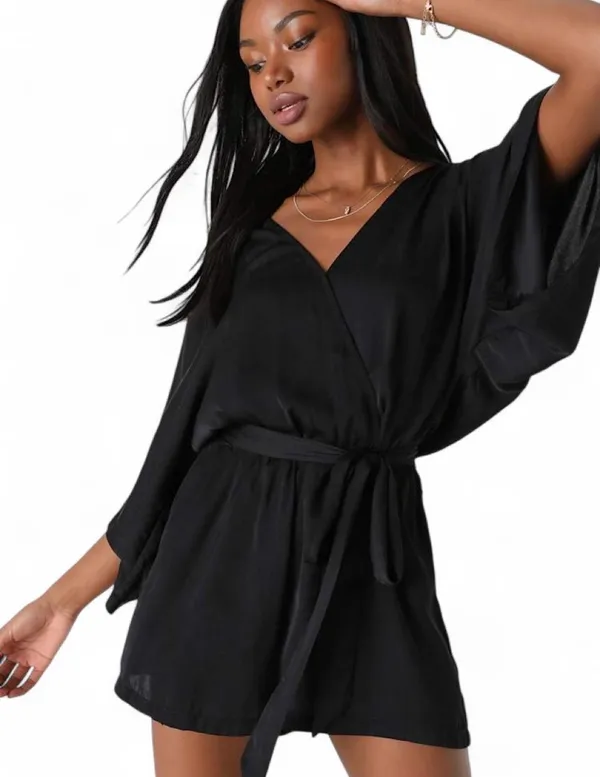 Lulus Pants Sz M V-Neck Romper with Waist Tie Wrap Front Dolman Sleeves Sexy - Image 4