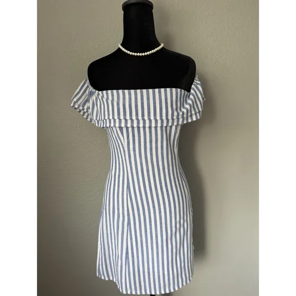 Lulus Seaside Skipper Blue White Striped Off Shoulder Mini Dress XS NWT - Image 4