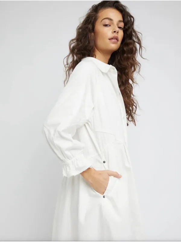 Free People We The Free Hannah Denim Mini Shirt Dress Cream Small Raw Hem Cotton - Image 2