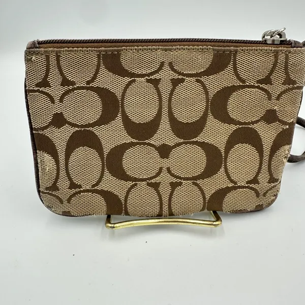 Coach Signature Jacquard Wristlet Khaki Brown Canvas Leather Trim Logo Plaque - Image 3