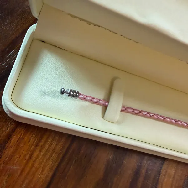 Pandora Pink Braided Leather Bracelet Sterling Silver Barrel Clasp with Box - Image 4