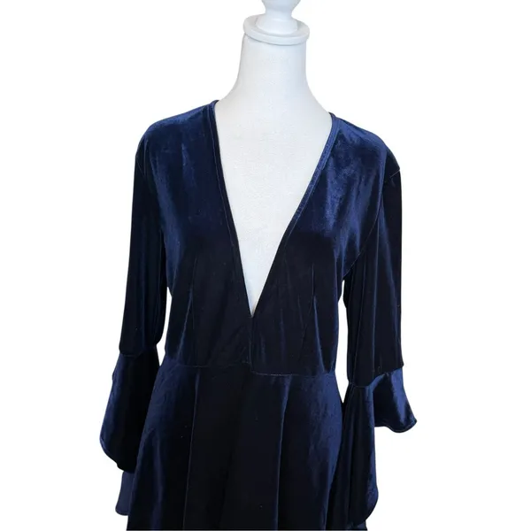 Lulus Wrapped in Luxe Navy Blue Velvet Bell Sleeve Skater Dress XL Dark Romantic - Image 3