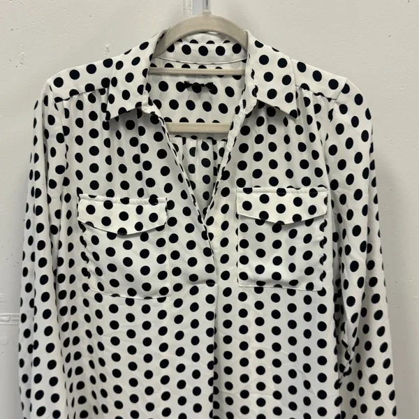Ann Taylor Polka Dot Blouse Women's Small White Black Long Sleeve V-Neck Classic - Image 3