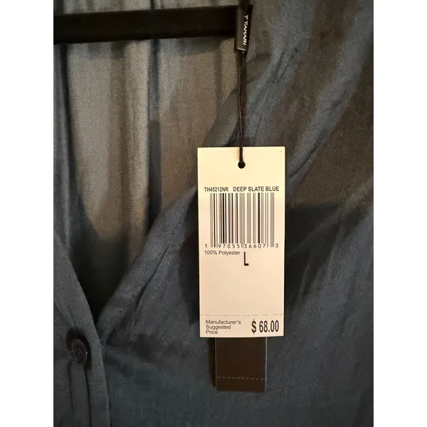 T Tahari Blouse Deep Slate Blue L Womens Silky Short Sleeve V-Neck NEW Office - Image 6