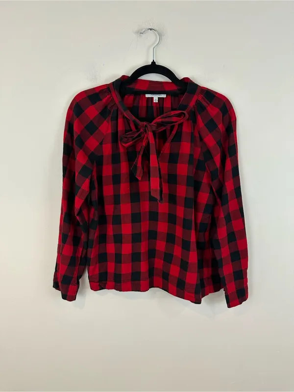 Madewell Red and Black Plaid Flannel Tie-Neck Top Size XS Women's - Image 2