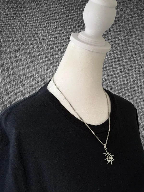 Silver Tone Tribal Sun Spiral Pendant Necklace 20 Inch Chain - Image 3