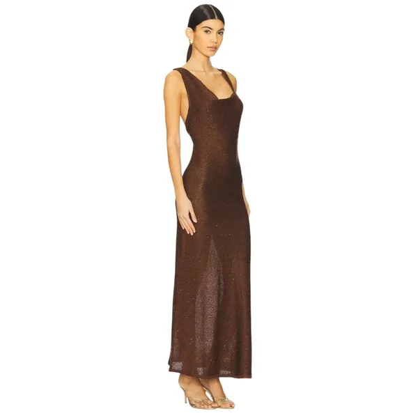 SOVERE Spark Dress in Coffee Medium New Womens Knit Crochet sequin Maxi Gown - Image 3