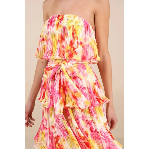 NWT Lulus Nessa Yellow and Pink Abstract Plisse Tiered Midi Dress Colorful Sz XL - Image 8