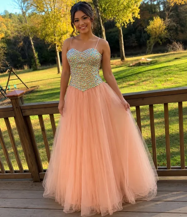Peach Beaded Sweetheart Tulle Prom Dress - Image 10