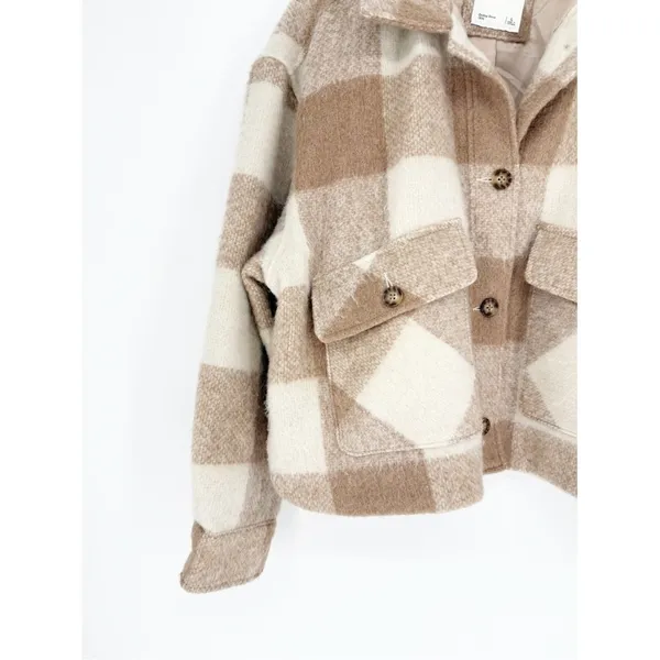 Abercrombie & Fitch Plaid Oversized Shacket‎ Women's L Tan Cream Cozy - Image 4
