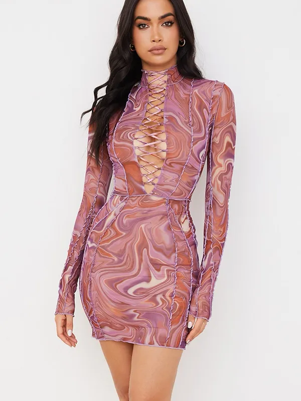 NWT House of CB Dylan Purple Printed Mesh Lace Up Mini Dress Size‎ 4 - Image 13