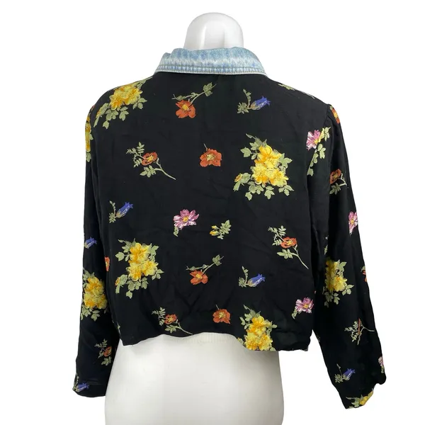 Vintage Romeo Black Floral Long Sleeve Denim Jean Button Down Shirt Top Size M - Image 4