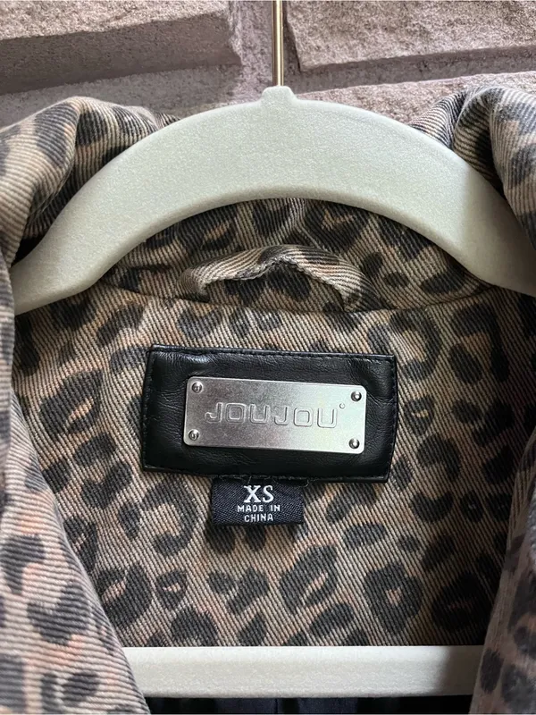 Jou Jou Denim Leopard Print Puffer Jacket - Gray Tan xs - Image 5
