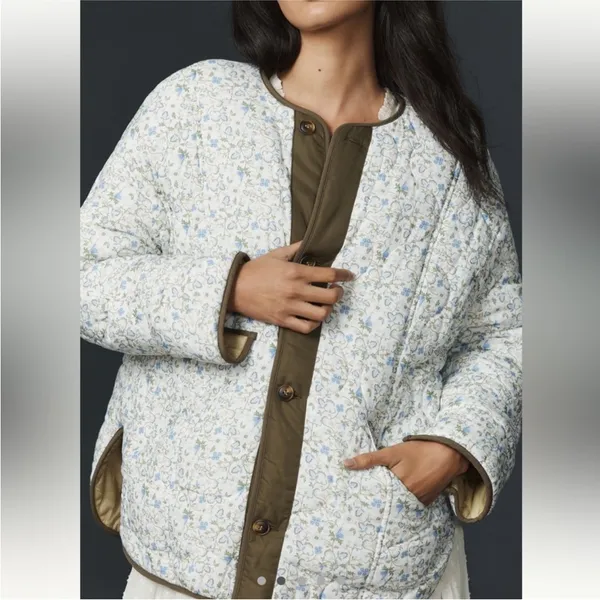Anthropologie Tan Floral Reversible Quilted Puffer Jacket - Image 3