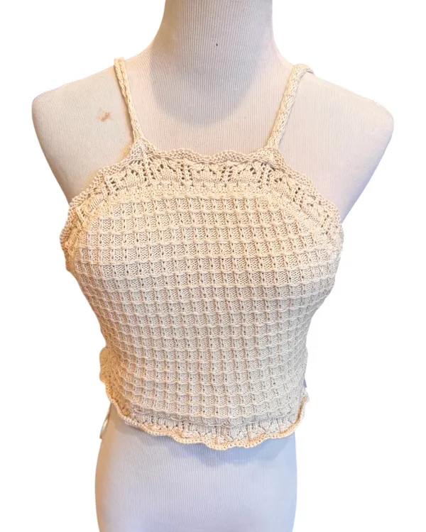 Zara Crochet Crop Top Halter Knit S Tan Beige Cream - Image 2